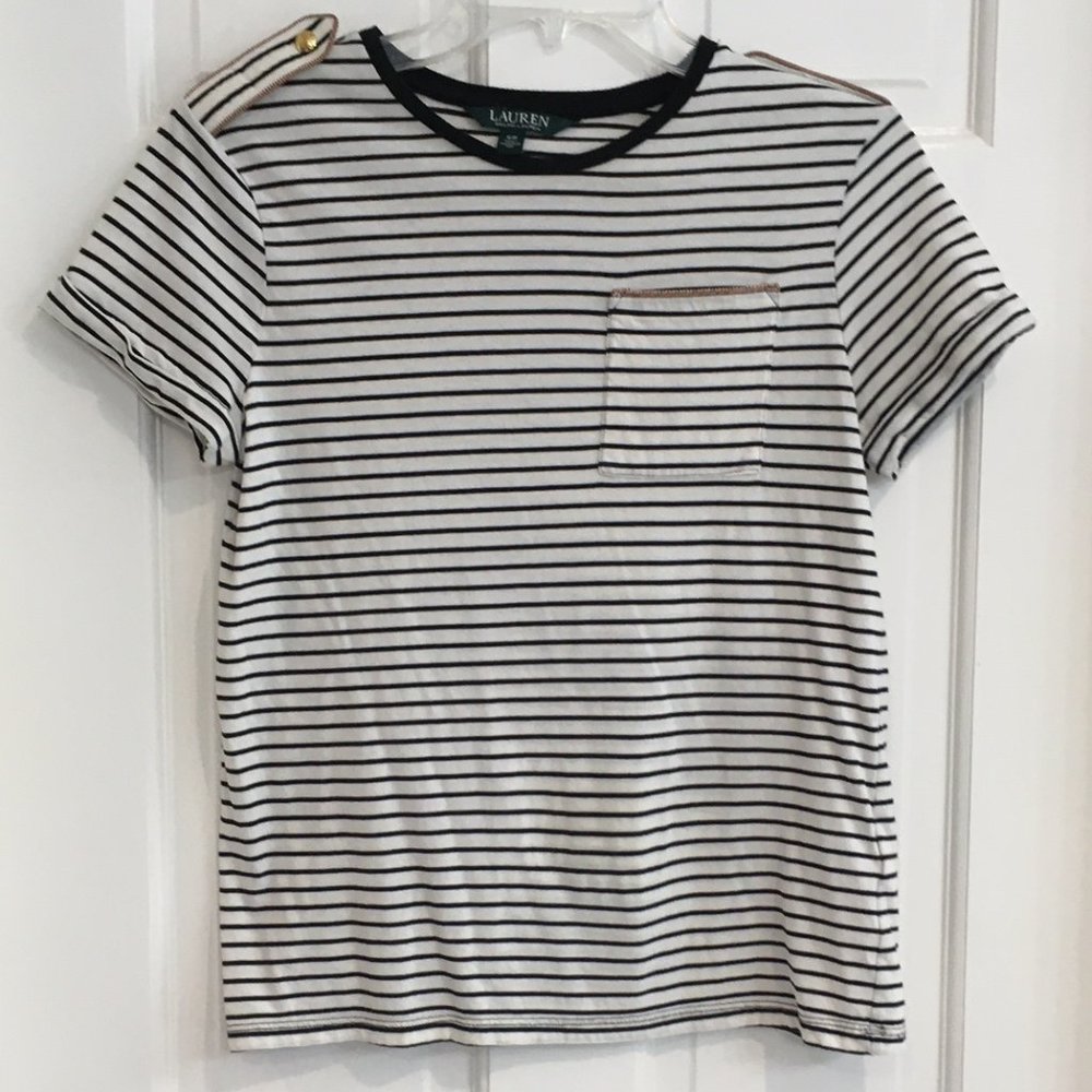Lauren Cream Black Stripe Epaulet SS Top size SP